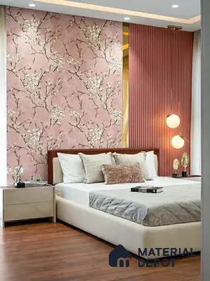 Modern bedroom with blush floral wallpaper, blush fluted wall panels, and wooden flooring