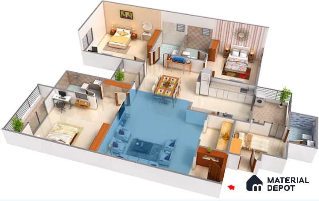 Modern living room with glossy white floor tiles and contemporary furniture in open plan layout