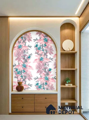 Modern foyer with pastel floral wallpaper and light oak wood laminate drawers