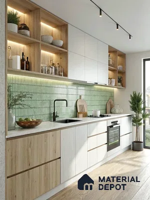 Scandinavian kitchen with light oak laminate, white quartz countertop, and sage green kitkat backsplash tile