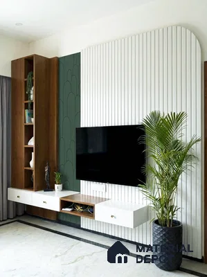 Modern TV unit with white fluted panels, walnut wood laminate, and green accent wall