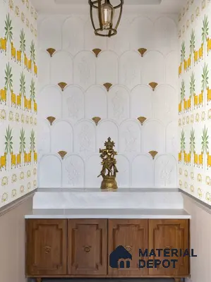 Traditional pooja room with Indian patterned wallpaper, white marble countertop, and walnut wood laminate cabinet