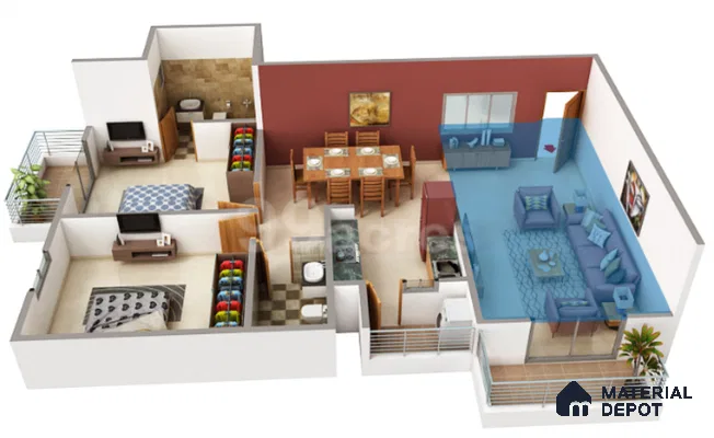 Modern Floor Plan with beige floor tile, pastel blue sectional sofa, and wooden TV unit