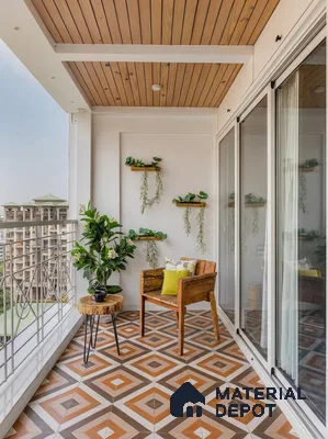Scandinavian balcony with geometric patterned floor tiles and wooden ceiling panels