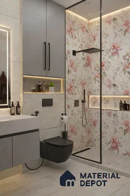 Modern bathroom with floral highlighter wall tiles, matte grey vanity, and light beige floor tiles