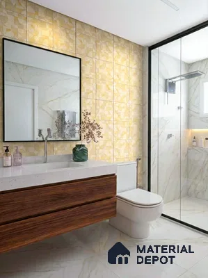 Modern bathroom with yellow geometric wall tiles, white marble-look tiles, and walnut wood vanity