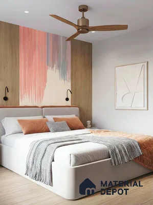 Scandinavian bedroom with light oak laminate wall, pastel abstract accent, and light wood flooring