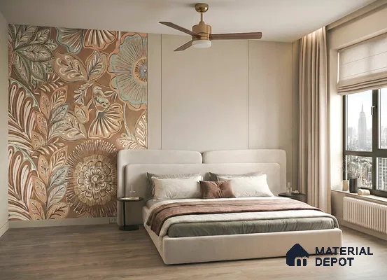 Modern bedroom with floral patterned wallpaper accent and light wood flooring