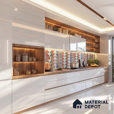 Modern kitchen with high gloss white laminate, walnut wood accents, and geometric triangle patterned backsplash tiles