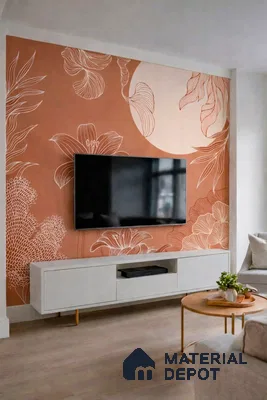 Modern living room with terracotta floral wallpaper and matte white TV unit
