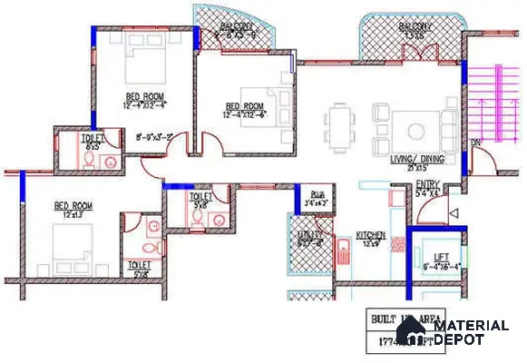 Modern apartment floor plan with open living dining, modular kitchen, and three bedrooms