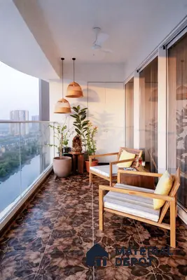 Scandinavian balcony with floral patterned floor tiles and natural wood seating