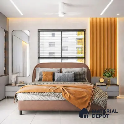 Modern bedroom with suede upholstered bed, mustard fluted wall panels, and grey matte wardrobes