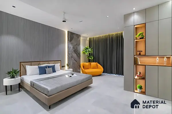 Modern bedroom with grey fluted wall panels, taupe upholstered bed, and matte grey wardrobe