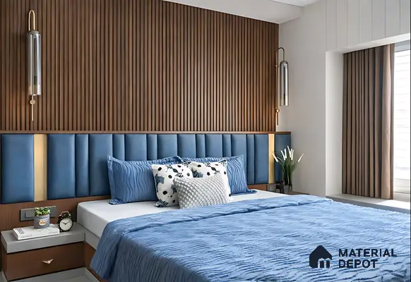 Modern bedroom with blue suede upholstered headboard and walnut brown fluted wall panels