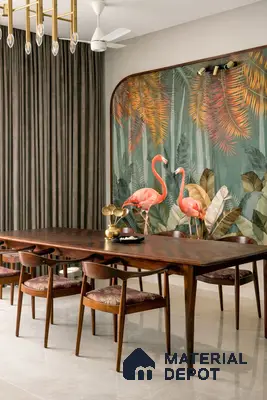 Eclectic dining room with tropical wallpaper, walnut wood dining table, and beige marble floor tile
