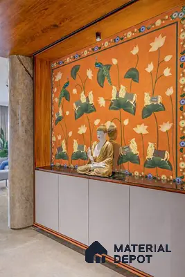 Traditional pooja room with floral patterned wallpaper, wood laminate, and frosty white laminate cabinetry