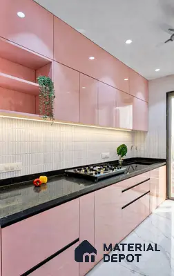 Modern kitchen with pastel pink high gloss laminate, black granite countertop, and white vertical subway backsplash tiles