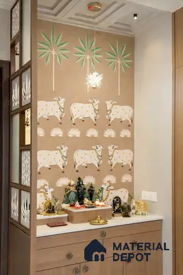 Traditional pooja room with cow and palm patterned wallpaper, light wood laminate, and white quartz countertop