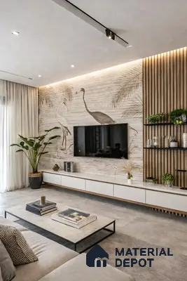 Modern living room with nature mural wallpaper, light grey floor tiles, and vertical wood louvers