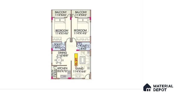Modern 2BHK apartment floor plan with kitchen, living, dining, bedrooms, balconies, and utility of 2 BHK apartment in Mahaveer Dazzle Mahadevapura Bengaluru