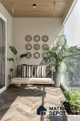 Scandinavian balcony with chevron wood-look floor tile and wooden ceiling panels of 2 BHK apartment in Mahaveer Dazzle Mahadevapura Bengaluru