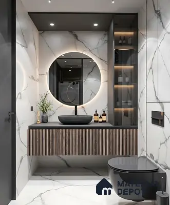 Modern bathroom with white marble-look tiles, black fluted vanity, and matte black sanitaryware of 2 BHK apartment in Mahaveer Dazzle Mahadevapura Bengaluru