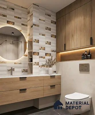 Modern bathroom with wood-look laminate vanity, beige patterned wall tiles, and matte black floor tiles of 2 BHK apartment in Mahaveer Dazzle Mahadevapura Bengaluru