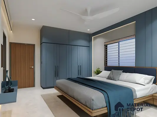 Modern bedroom with matte blue laminate wardrobes and bed back panel, white marble floor tile of 2 BHK apartment in Mahaveer Dazzle Mahadevapura Bengaluru