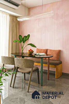 Scandinavian dining room with pink striped wallpaper and grey marble floor tiles of 2 BHK apartment in Mahaveer Dazzle Mahadevapura Bengaluru