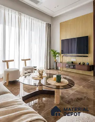 Modern living room with brown marble floor tiles and vertical wood louver TV wall panel of 2 BHK apartment in Mahaveer Dazzle Mahadevapura Bengaluru