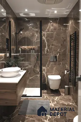 Modern bathroom with brown marble-look tiles and floating wood vanity of 3 BHK apartment in Mahaveer Rich Jalahalli Bengaluru