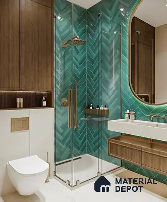 Modern bathroom with teal herringbone subway wall tiles and walnut wood laminate vanity of 3 BHK apartment in Mahaveer Rich Jalahalli Bengaluru