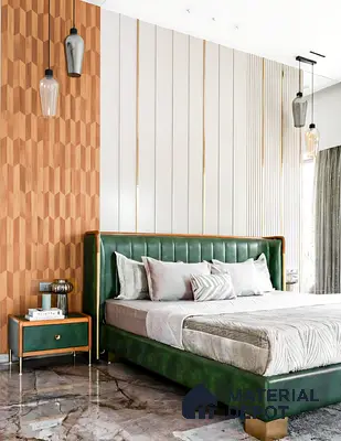 Modern bedroom with geometric wood panel accent wall, green suede upholstered bed, and marble floor tile of 3 BHK apartment in Mahaveer Rich Jalahalli Bengaluru