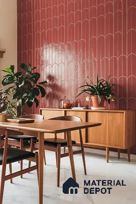 Mid-century modern dining room with red geometric patterned tile accent wall and walnut wood furniture of 3 BHK apartment in Mahaveer Rich Jalahalli Bengaluru