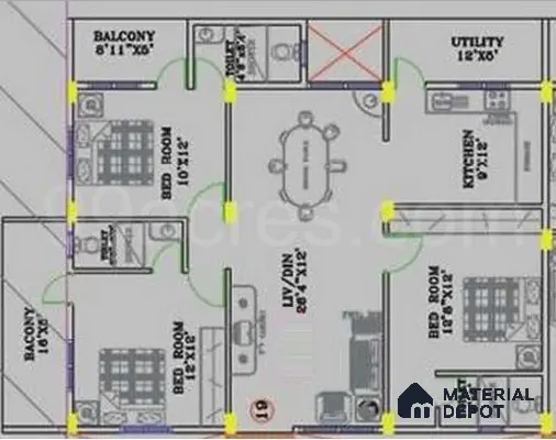 Modern apartment floor plan with bedrooms, kitchen, living-dining, balconies, and utility area of 3 BHK apartment in Mahaveer Rich Jalahalli Bengaluru