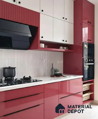 Modern dual tone kitchen with wine red and frosty white high gloss laminate, white quartz countertop, and vertical subway backsplash tiles of 3 BHK apartment in Mahaveer Rich Jalahalli Bengaluru