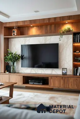 Modern living room with walnut wood laminate TV unit and subtle patterned wallpaper of 3 BHK apartment in Mahaveer Rich Jalahalli Bengaluru