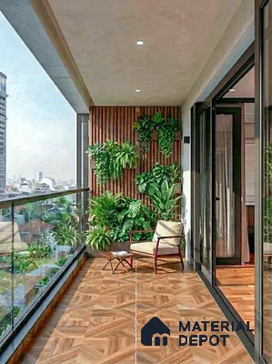 Modern balcony with wood-look geometric floor tiles and vertical wooden louvers with lush green planters in 3 BHK apartment Maithri Shilpitha Splendour Mahadevapura Bengaluru