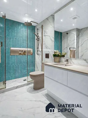 Modern bathroom with turquoise kitkat wall tiles and white marble-look tiles in 3 BHK apartment Maithri Shilpitha Splendour Mahadevapura Bengaluru