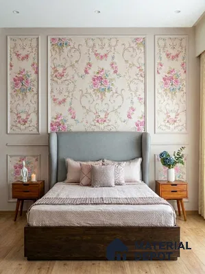 Traditional bedroom with floral wallpaper, upholstered bed, and wooden flooring in 3 BHK apartment Maithri Shilpitha Splendour Mahadevapura Bengaluru
