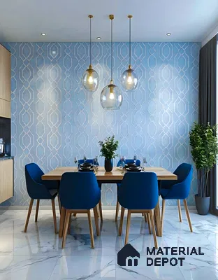 Modern dining room with blue geometric wallpaper and white marble floor tiles in 3 BHK apartment Maithri Shilpitha Splendour Mahadevapura Bengaluru