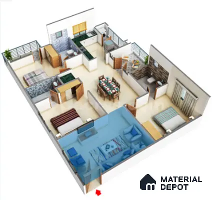 Modern living room with beige floor tiles, blue fabric sofa, and white TV unit in 3 BHK apartment Maithri Shilpitha Splendour Mahadevapura Bengaluru