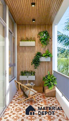 Scandinavian balcony with wooden louver wall panels and terracotta patterned floor tiles of 3 BHK apartment in Mantri Webcity Hennur Road in Bengaluru