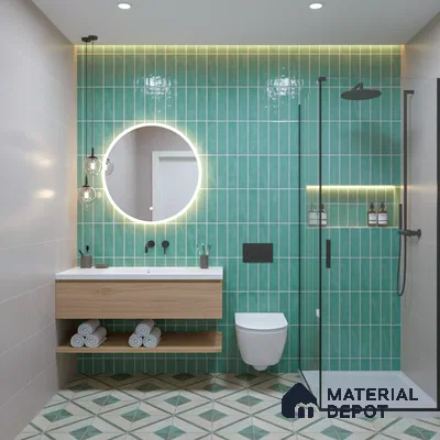 Modern bathroom with turquoise vertical subway wall tiles, geometric patterned floor tiles, and floating wood vanity of 3 BHK apartment in Mantri Webcity Hennur Road in Bengaluru