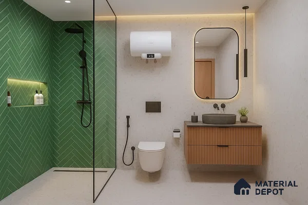Modern bathroom with green herringbone subway wall tiles and fluted wood vanity of 3 BHK apartment in Mantri Webcity Hennur Road in Bengaluru