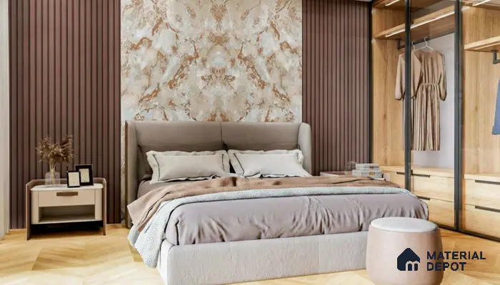 Modern bedroom with marble-look wallpaper, brown fluted wall panels, and light oak wardrobe of 3 BHK apartment in Mantri Webcity Hennur Road in Bengaluru