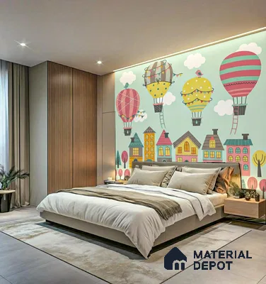 Modern kids bedroom with playful hot air balloon wallpaper and wood panel wardrobe of 3 BHK apartment in Mantri Webcity Hennur Road in Bengaluru