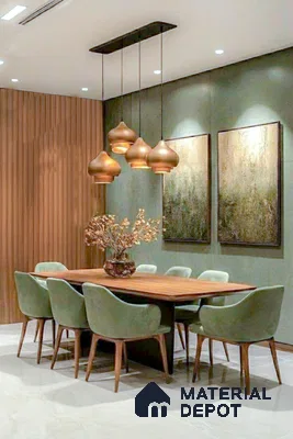 Modern dining room with sage green wall panels, wooden louver accent, and marble look floor tile of 3 BHK apartment in Mantri Webcity Hennur Road in Bengaluru