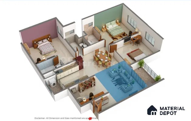 Modern living room with blue sectional sofa, beige floor tiles, and open plan layout of 3 BHK apartment in Mantri Webcity Hennur Road in Bengaluru